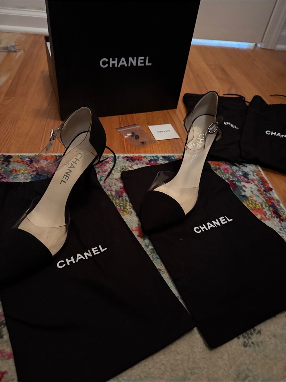CHANEL Black and Clear D'Orsay Ankle-Strap Pumps